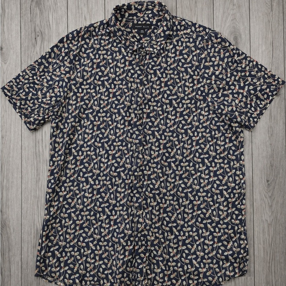 Perry Ellis 100% Linen Shirt Mens 2XL Blue Floral Button Up Short Sleeve Casual
